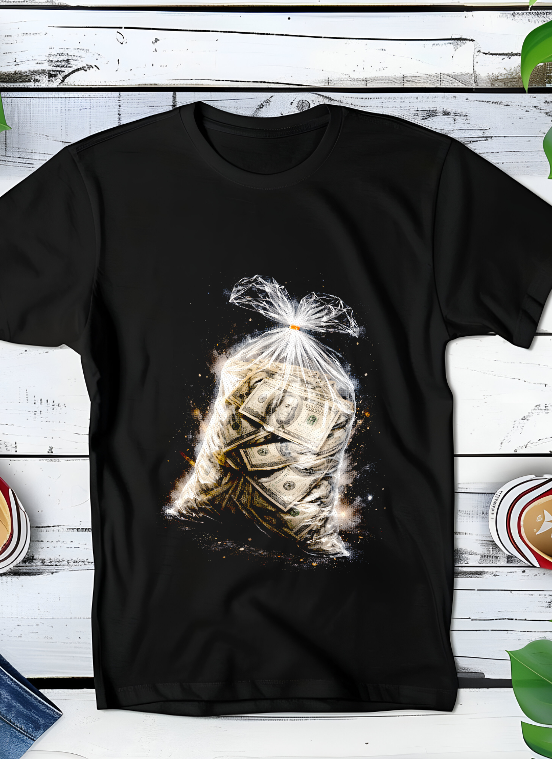 T-shirt noir à motif demi-teintes, vieux sac d'argent avec de l'argent OM001