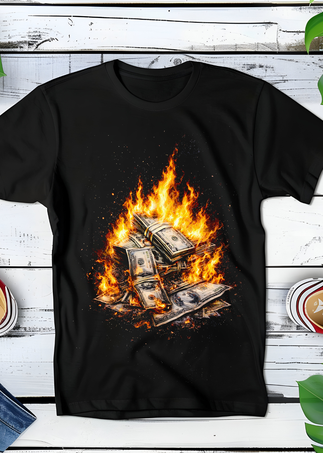 T-shirt noir à motif demi-teinte Old Money Money on Fire OM002