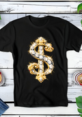 T-shirt noir à motif demi-teinte Old Money Dollar avec diamants OM003