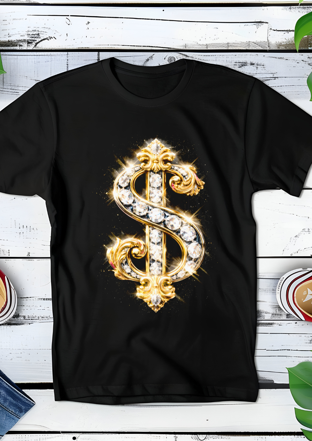 T-shirt noir à motif demi-teinte Old Money Dollar avec diamants OM003