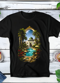 T-shirt noir à motif demi-teinte Old Money Villa avec palmiers OM004