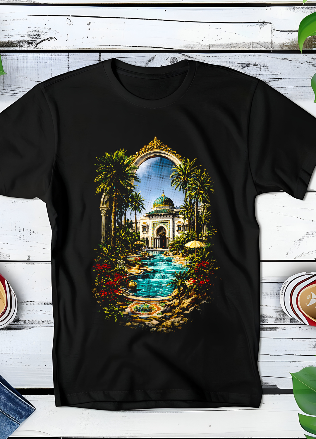 T-shirt noir à motif demi-teinte Old Money Villa avec palmiers OM004