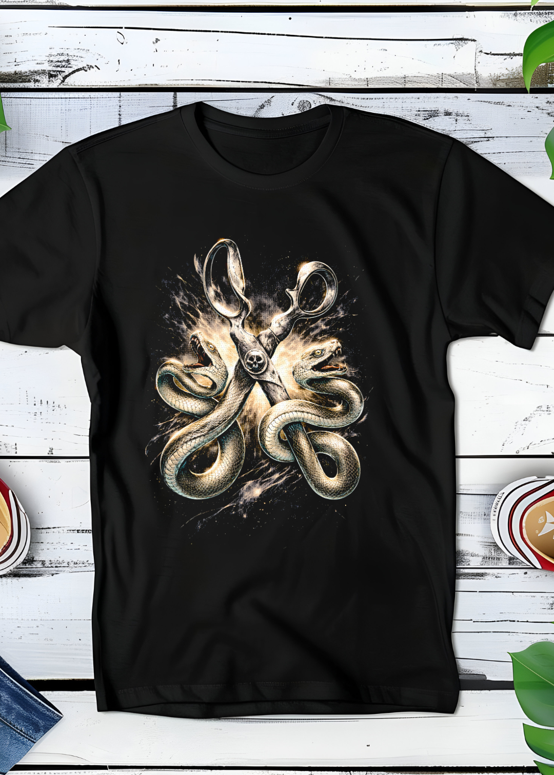T-shirt noir à motif demi-teinte Old Money - Ciseaux avec des serpents - OM008