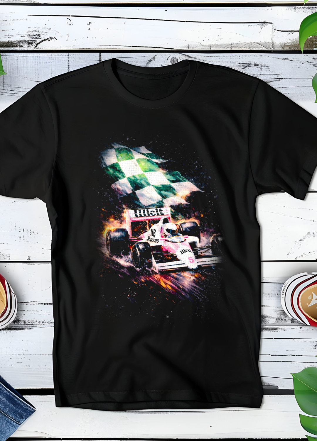 T-shirt noir à motif demi-teinte Old Money Voiture de course - OM012