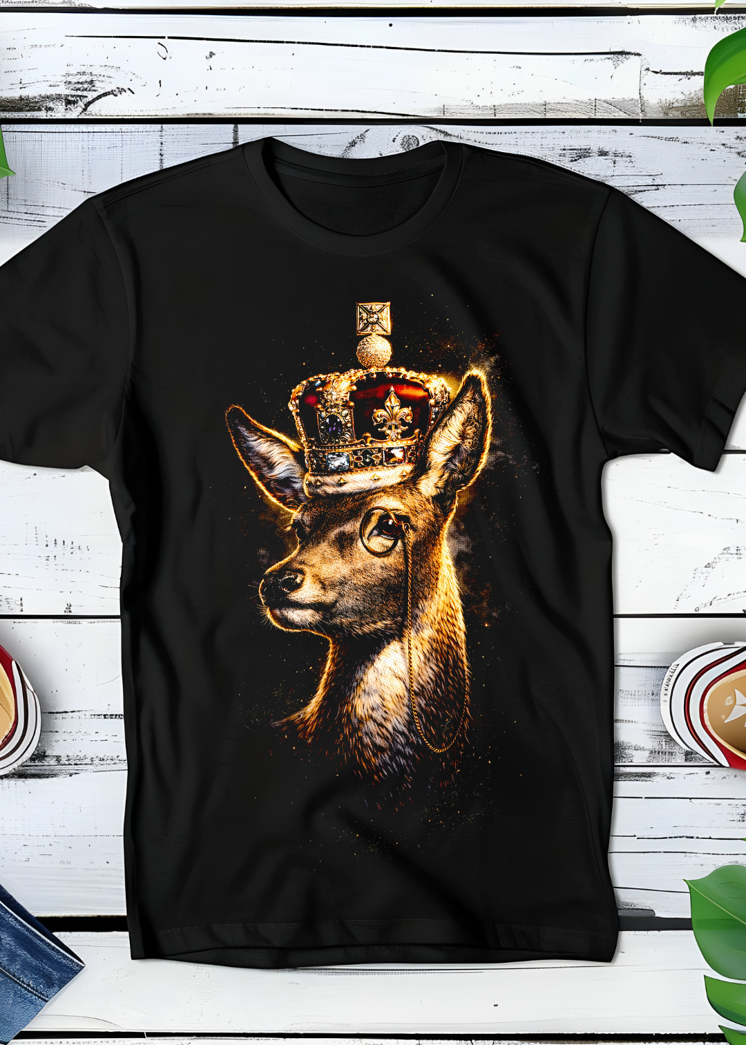 T-shirt noir à motif demi-teinte Old Money - Cerf avec couronne - OM013