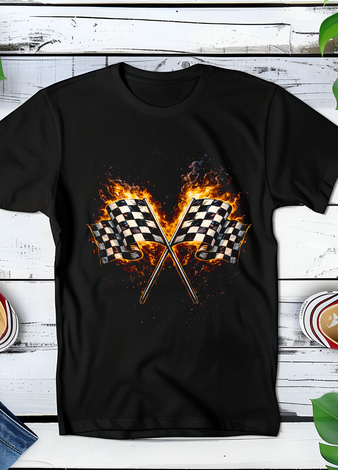 T-shirt noir avec motif demi-teinte Old Money - Drapeau de course - OM014