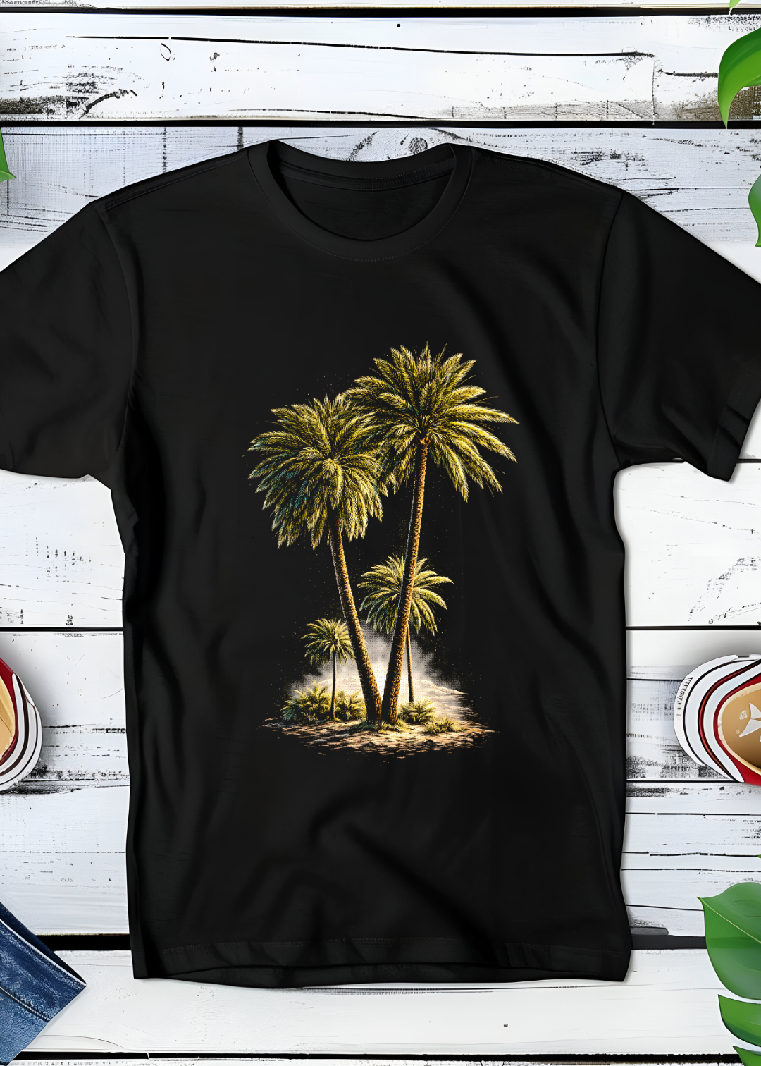 T-shirt noir à motif demi-teinte Old Money Palmiers OM015