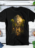 T-shirt noir en demi-teintes, style Old Money  immeuble d'angle espagnol avec palmiers OM018