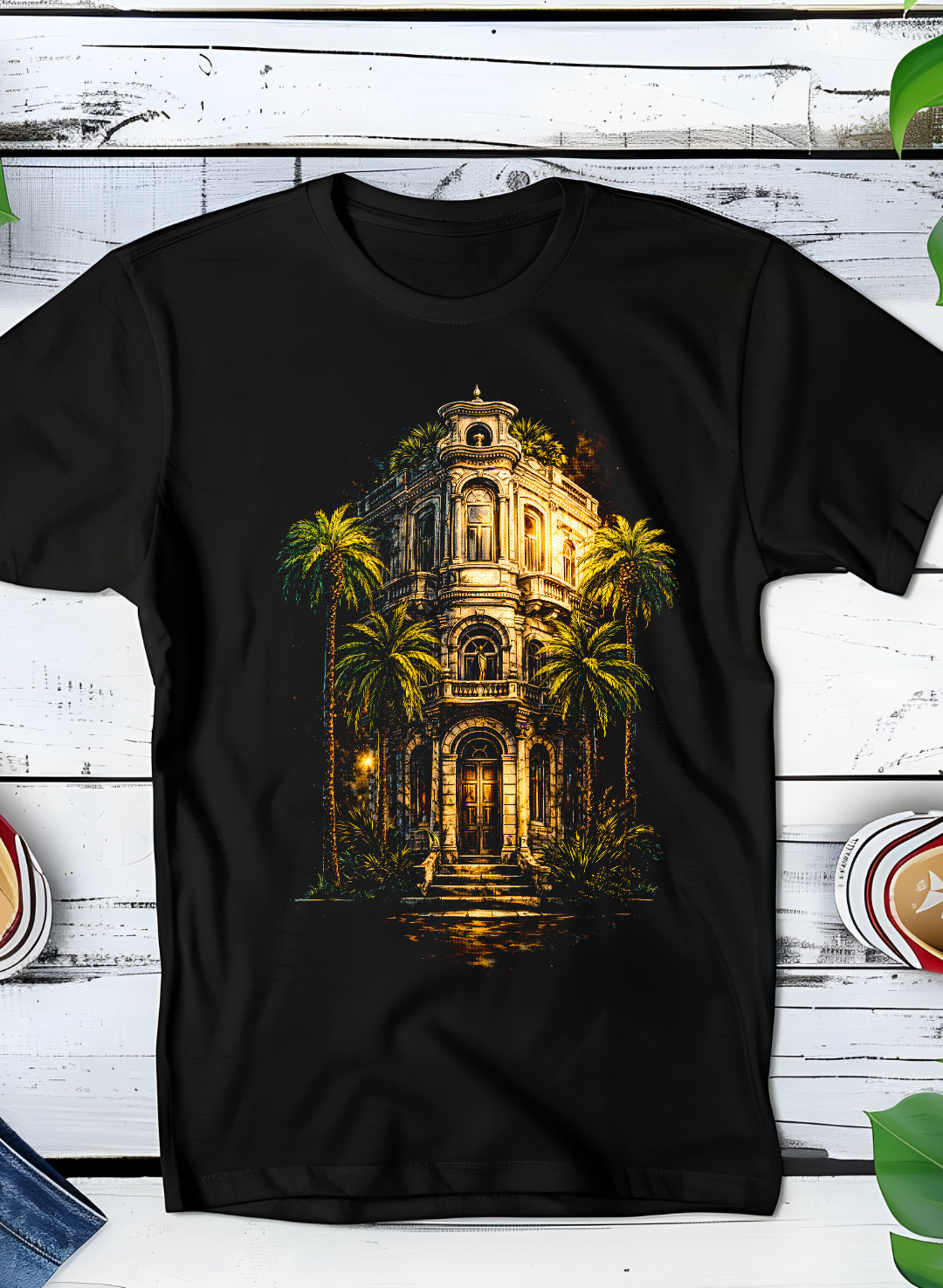 T-shirt noir en demi-teintes, style Old Money  immeuble d'angle espagnol avec palmiers OM018
