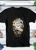 T-shirt noir en demi-teintes de style Old Money,  Horloge Cartier OM019