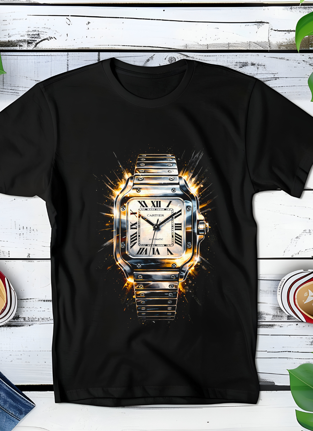 T-shirt noir en demi-teintes de style Old Money,  Horloge Cartier OM019