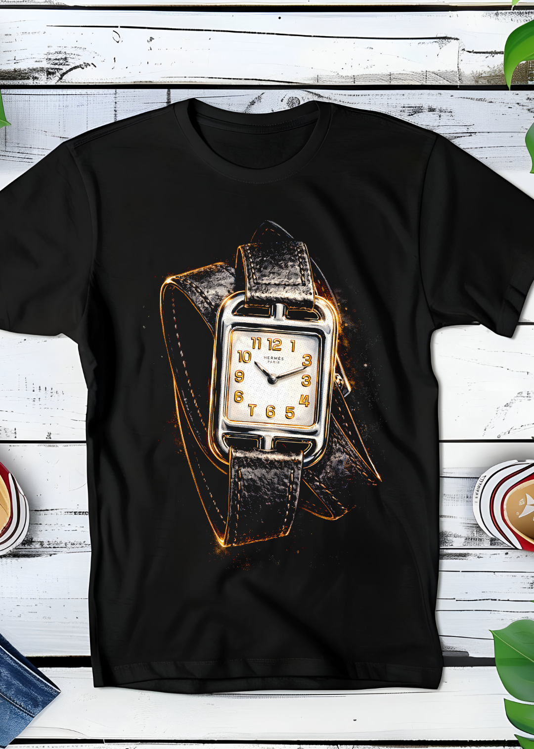 T-shirt noir en demi-teintes de style Old Money,  Horloge Hermes OM020