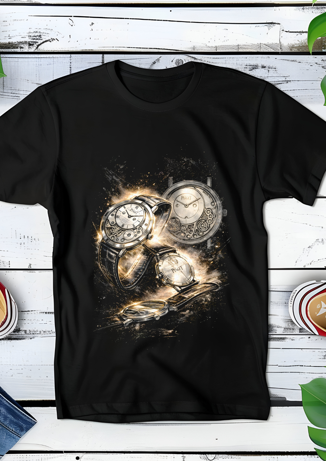 T-shirt noir en demi-teintes de style Old Money,  Horloge Plaget OM021