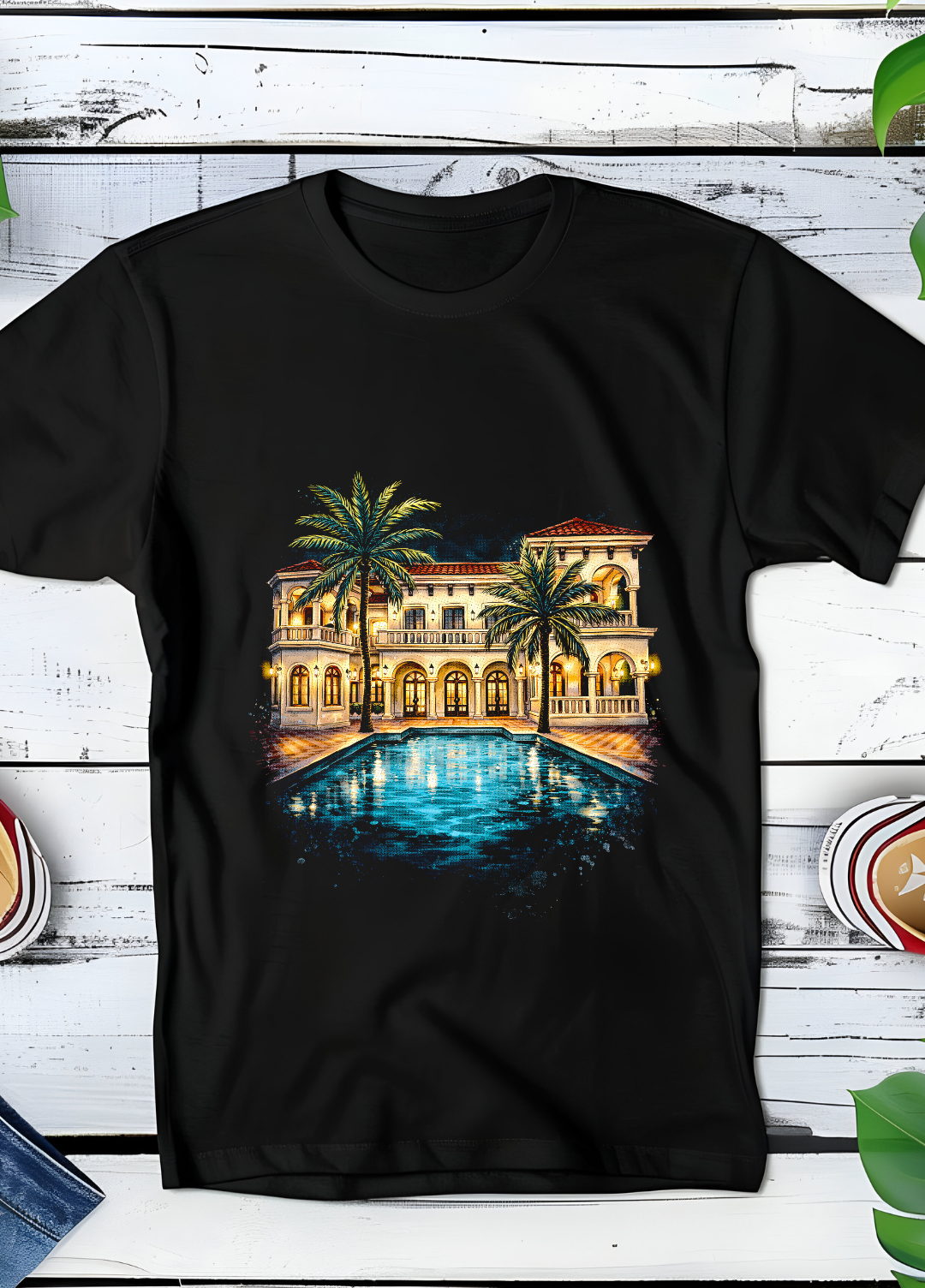 T-shirt noir à effet demi-teinte, style  Old Money, villa espagnole OM023