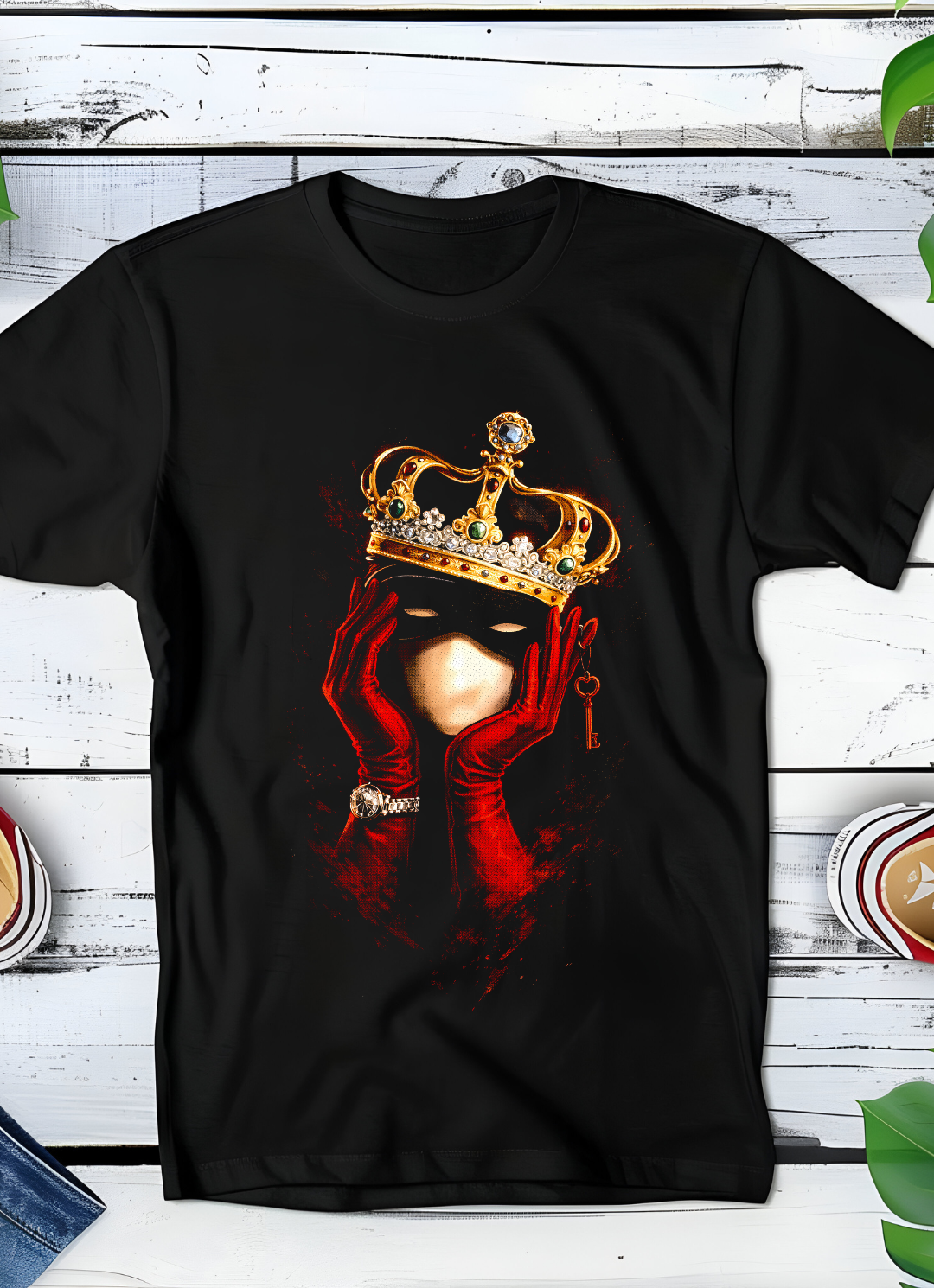 T-shirt noir à demi-teintes Old Money Couronne avec gants OM028