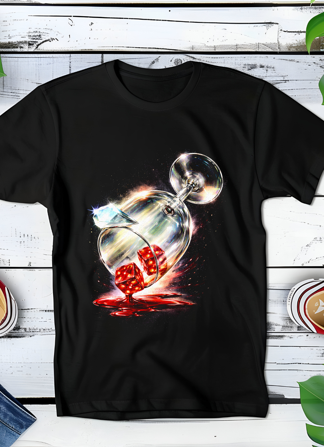 T-shirt noir à motif demi-teinte Old Money, verre à vin avec dés OM029