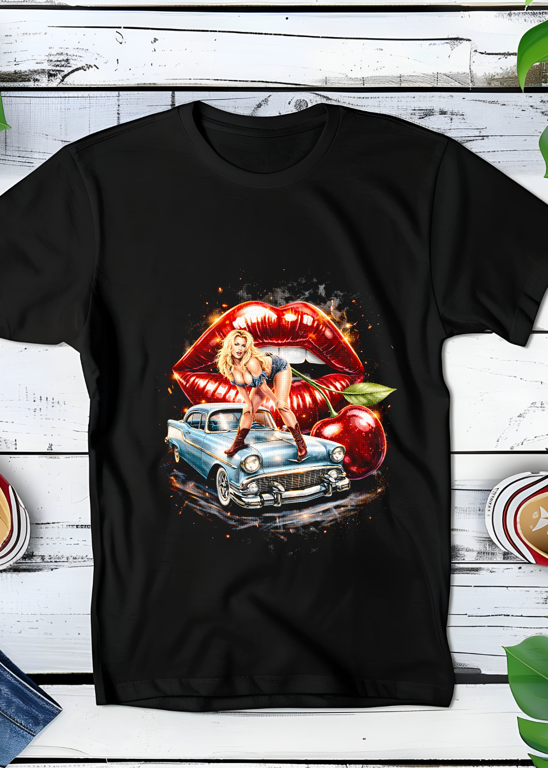 Black t-shirt halftone Old Money Old car, Lips OM046