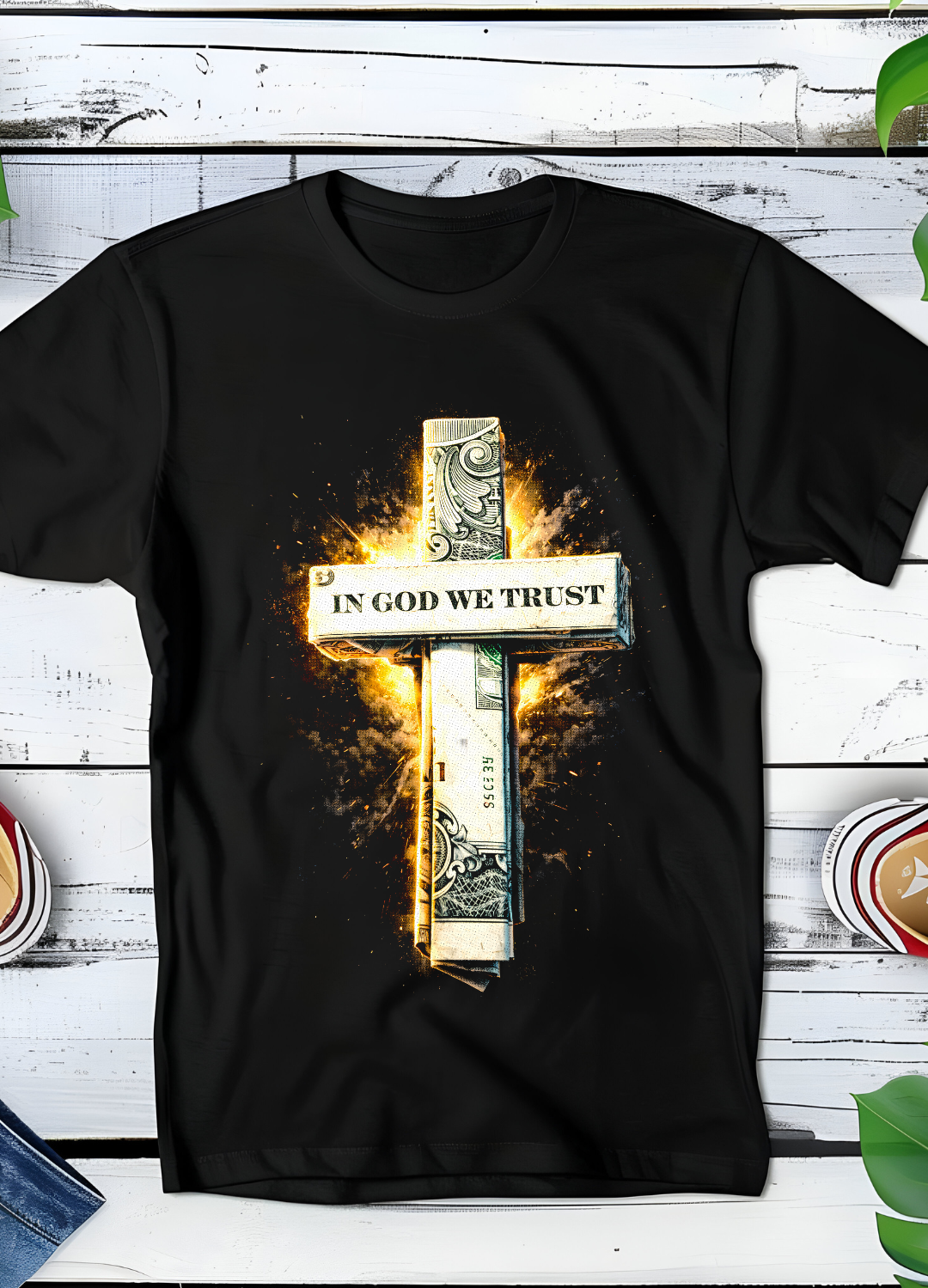 Black t-shirt halftone Old Money In God we trust OM047