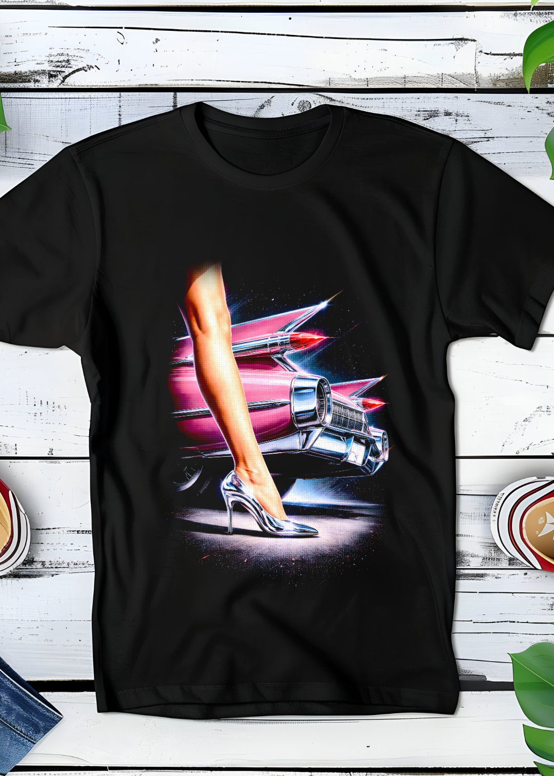 Black t-shirt halftone Old Money Old Car sexy Leg OM48