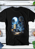 T-shirt noir à motif demi-teinte Old Money Tower avec palmiers OM051