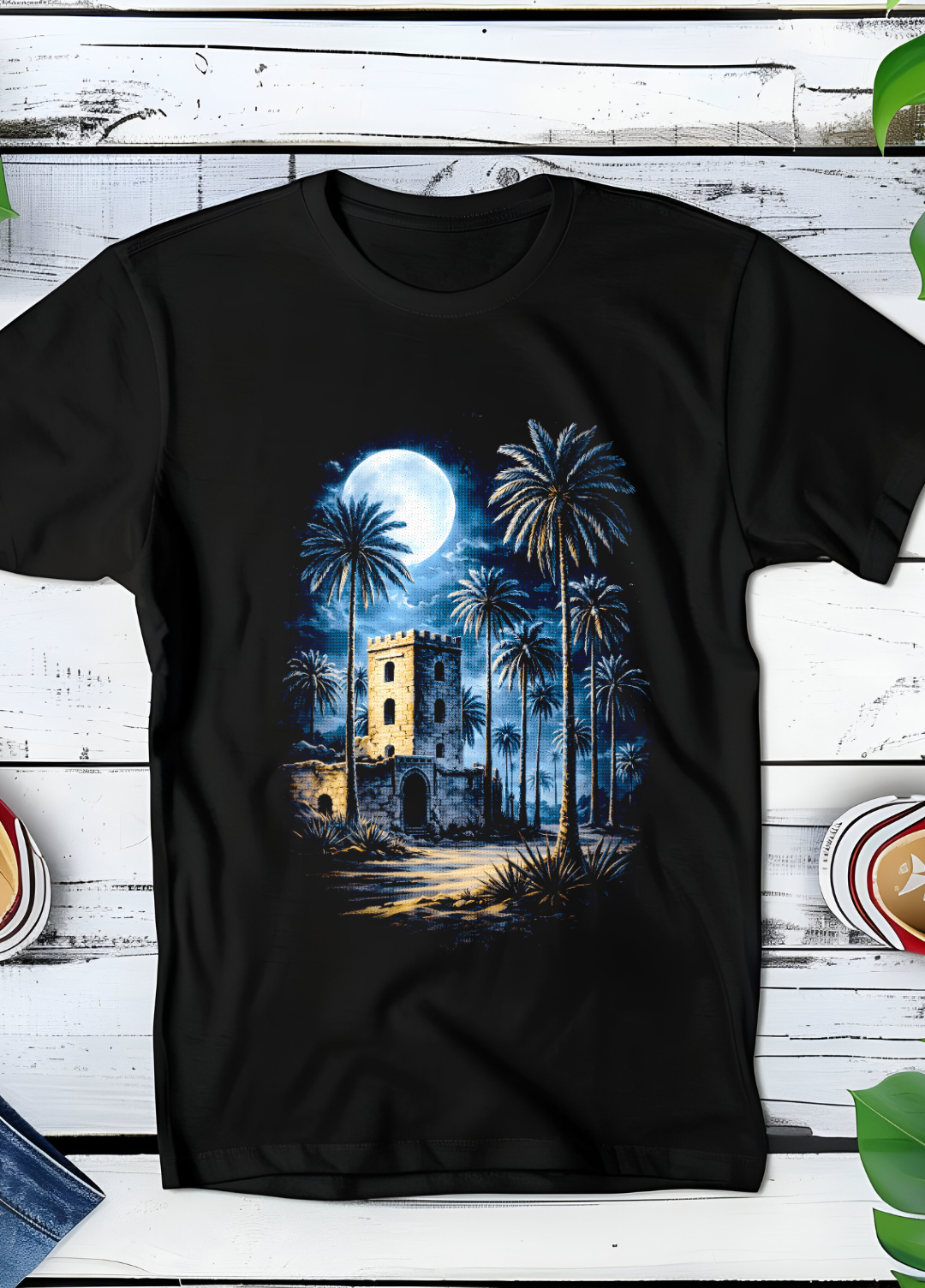 Black t-shirt halftone Old Money Tower with Palm Trees OM051
