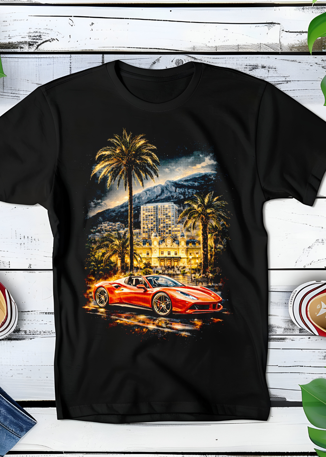 Black t-shirt halftone Old Money Red Sports Car OM052