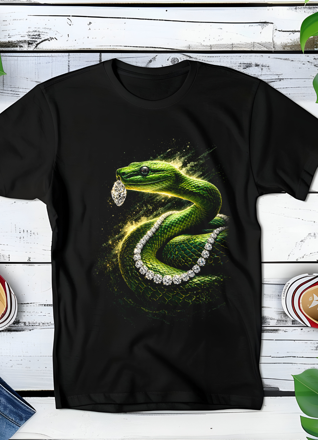 Black t-shirt halftone Old Money Snake with Diamonds OM057