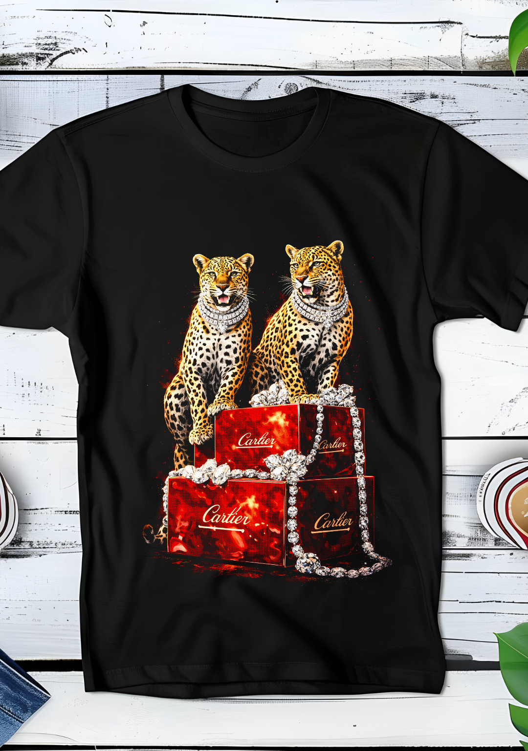 Zwarte t-shirt halftone  Old Money Luipaarden op Cartier dozen met Diamanten Ketting OM069