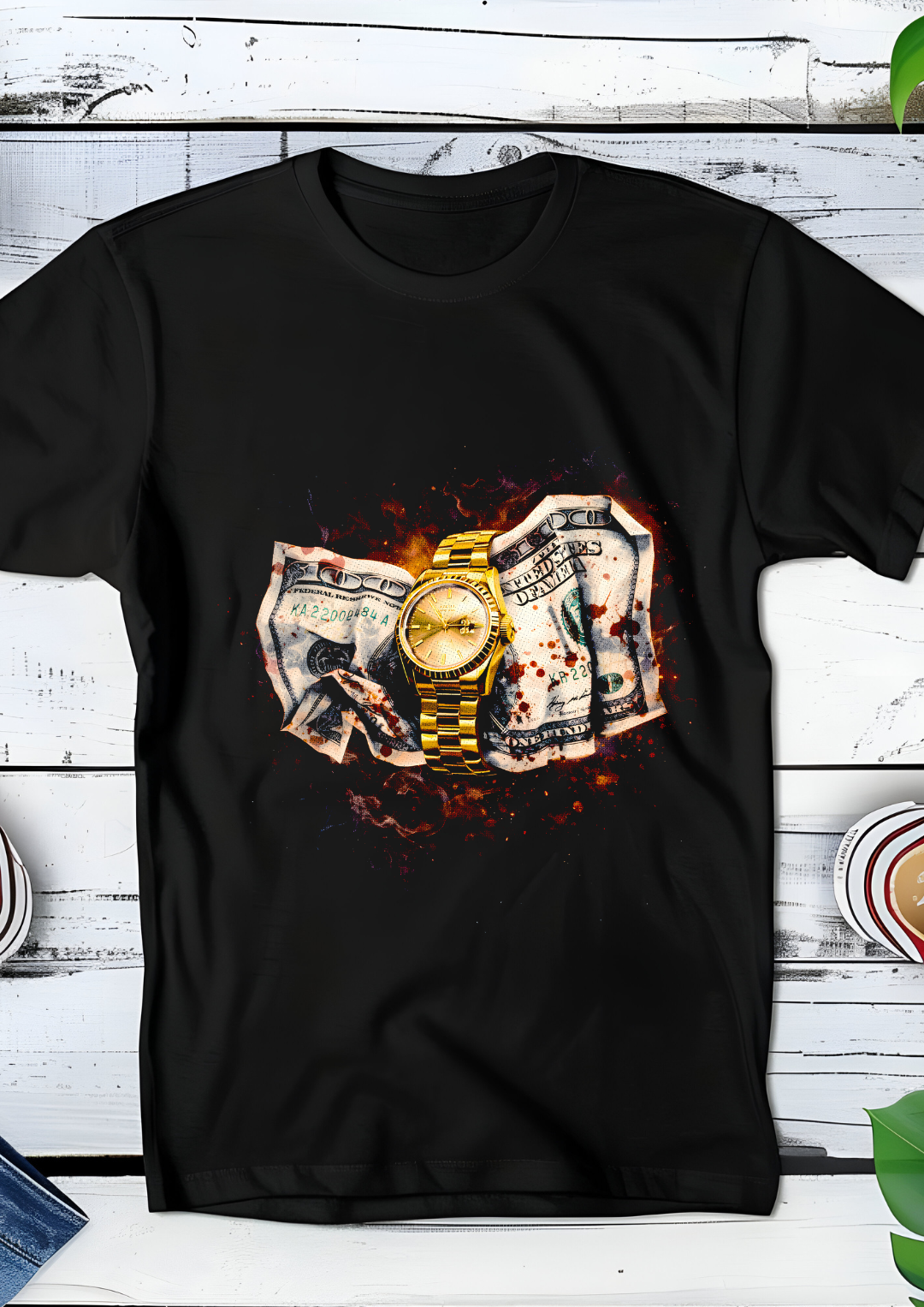 Zwarte t-shirt halftone  Old Money Horloge met Geld OM071