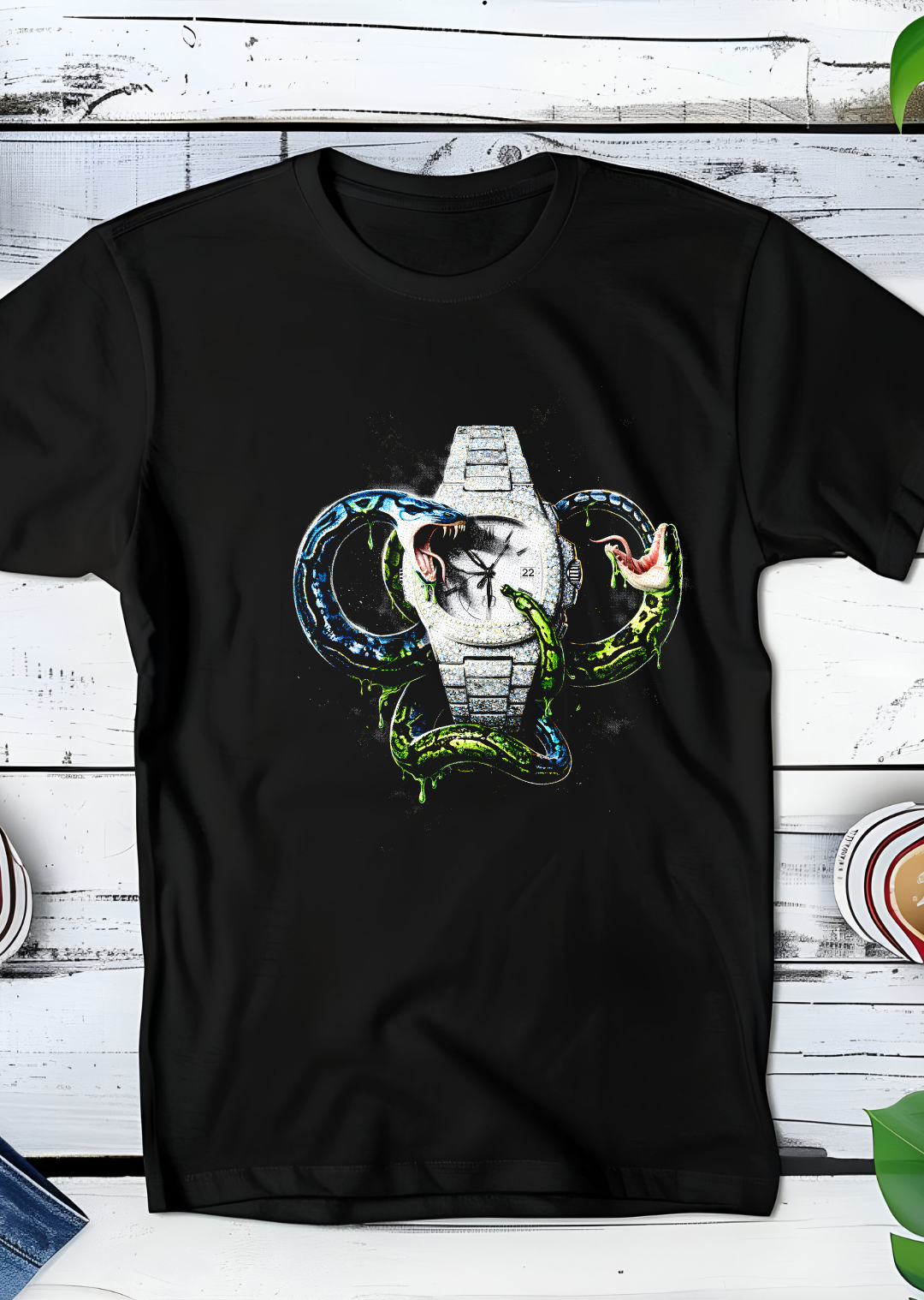 Zwarte t-shirt halftone  Old Money Horloge met Slangen OM072