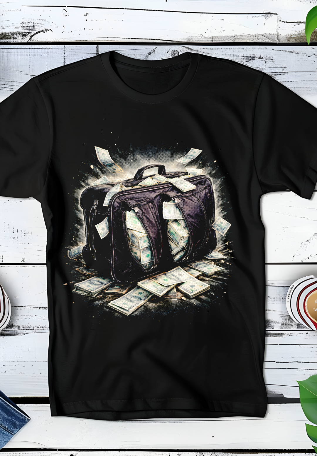 Zwarte t-shirt halftone  Old Money Koffer met geld OM074