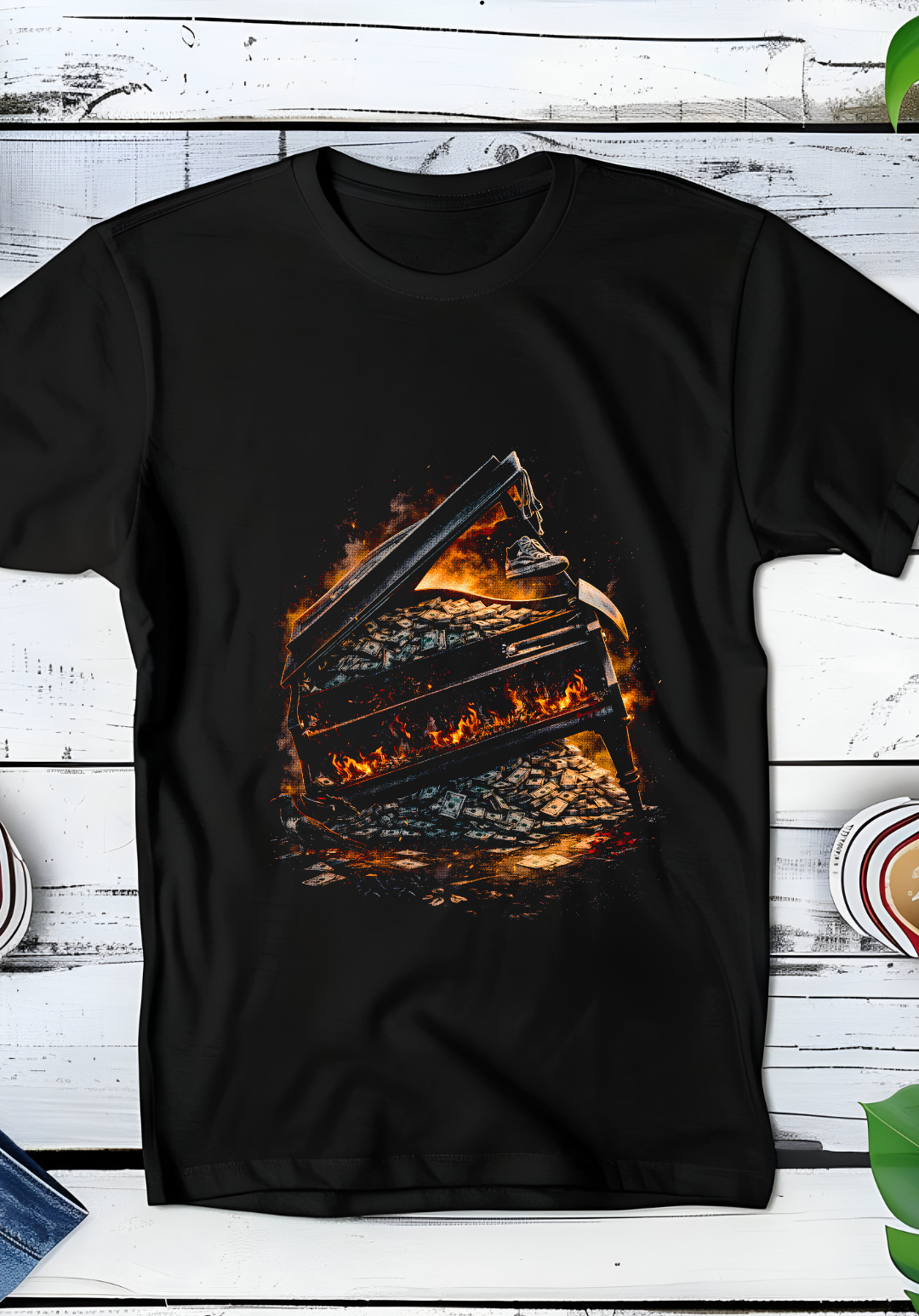 Zwarte t-shirt halftone  Old Money Bandende piano vol geld OM075