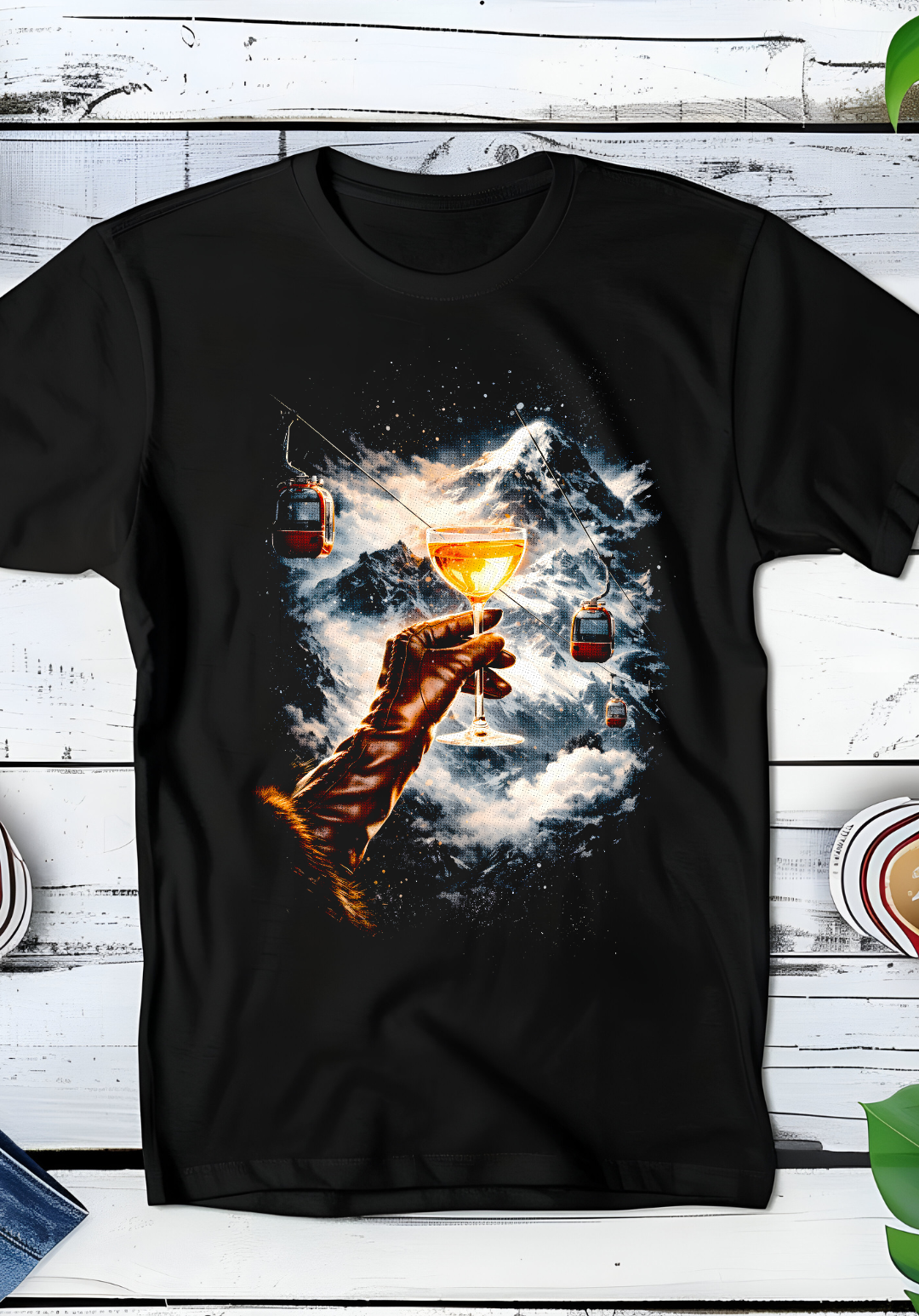 Zwarte t-shirt halftone  Old Money Champagne in de sneeuw OM083