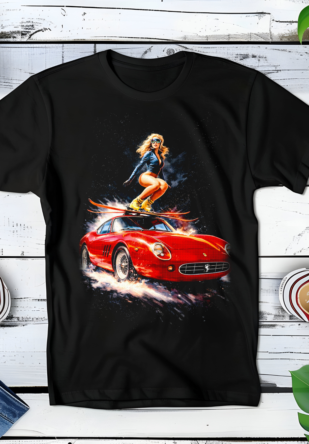Zwarte t-shirt halftone  Old Money Skiën op een Sportcar OM084
