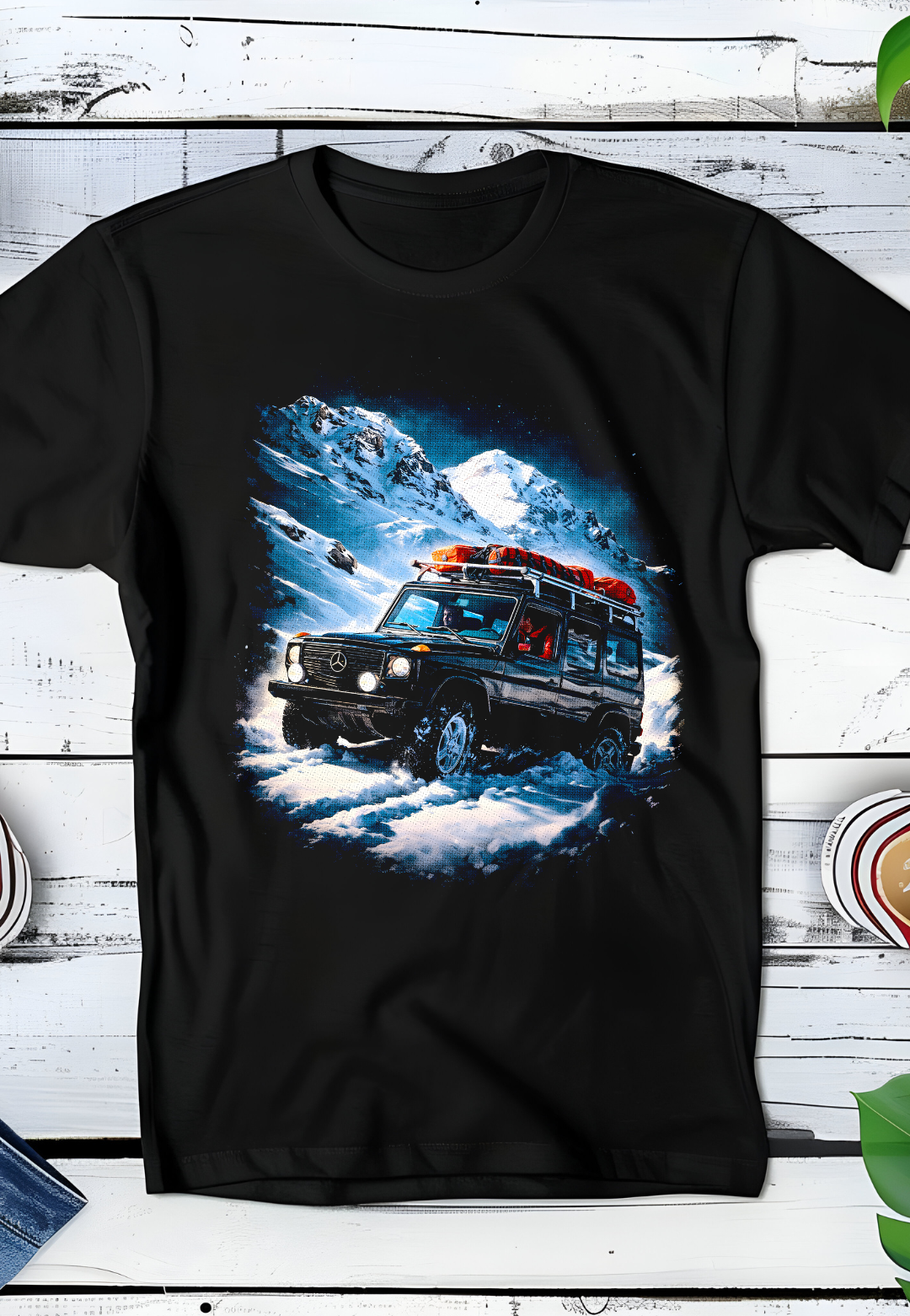 Zwarte t-shirt halftone  Old Money Mercedes Jeep in de sneeuw OM087