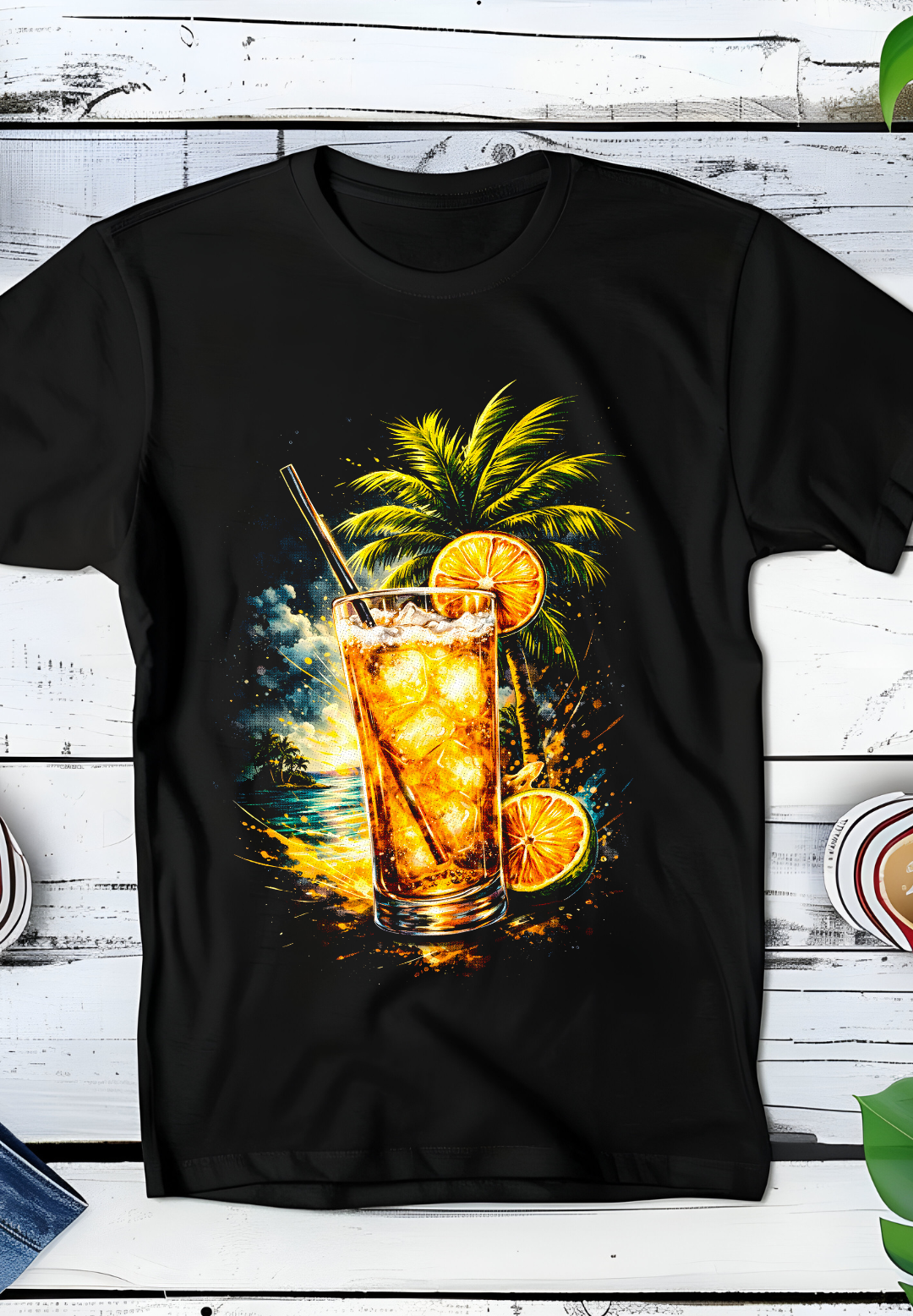 Zwarte t-shirt halftone  Old Money Coctailglas met Palmboom OM123