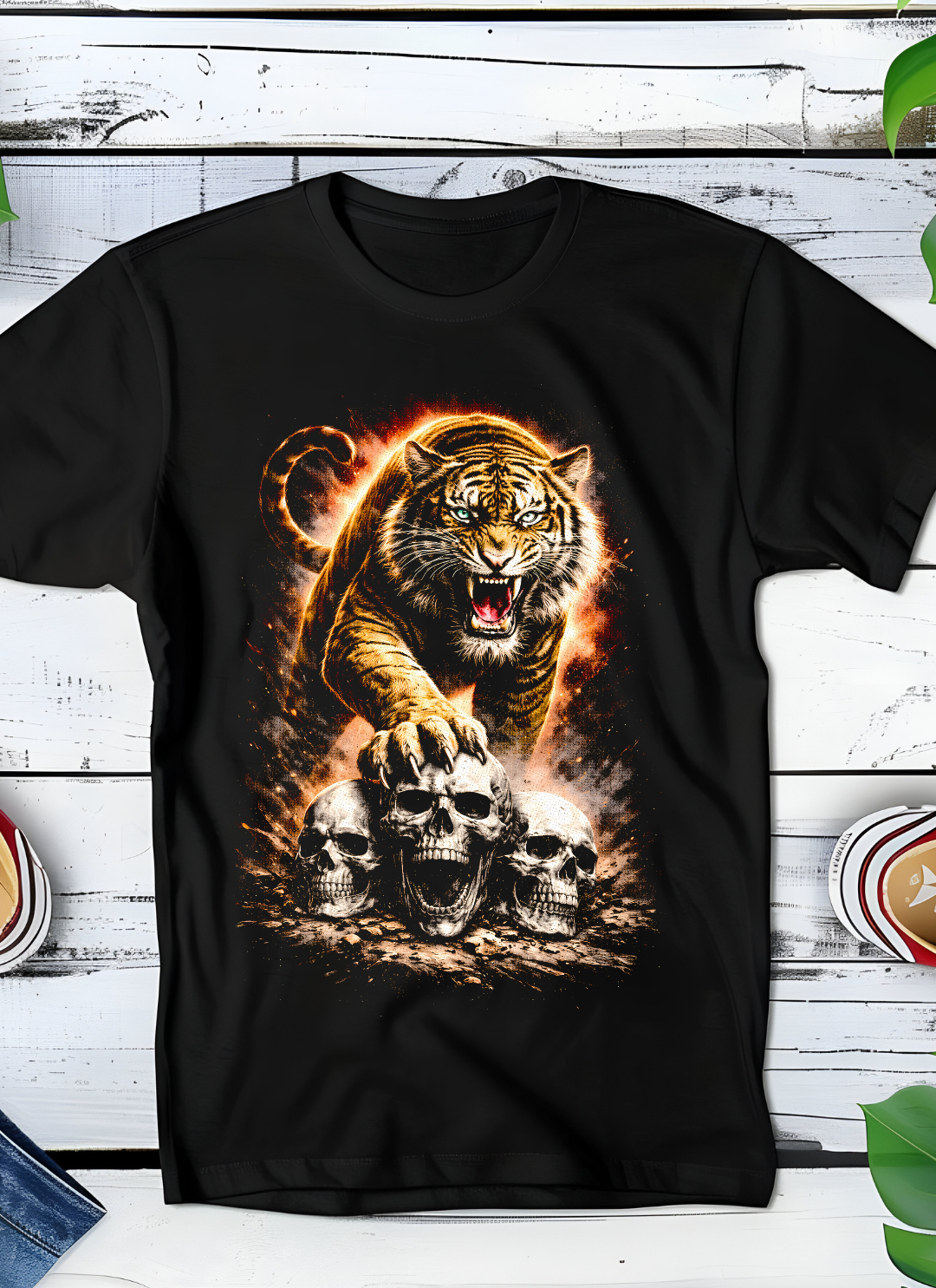 T-shirt noir à motif de crânes de tigre en demi-teintes AS003