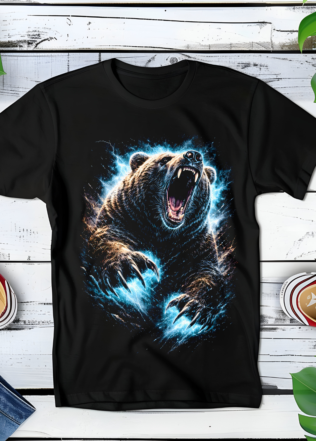 T-shirt noir à motif ours grizzly en demi-teintes AS014