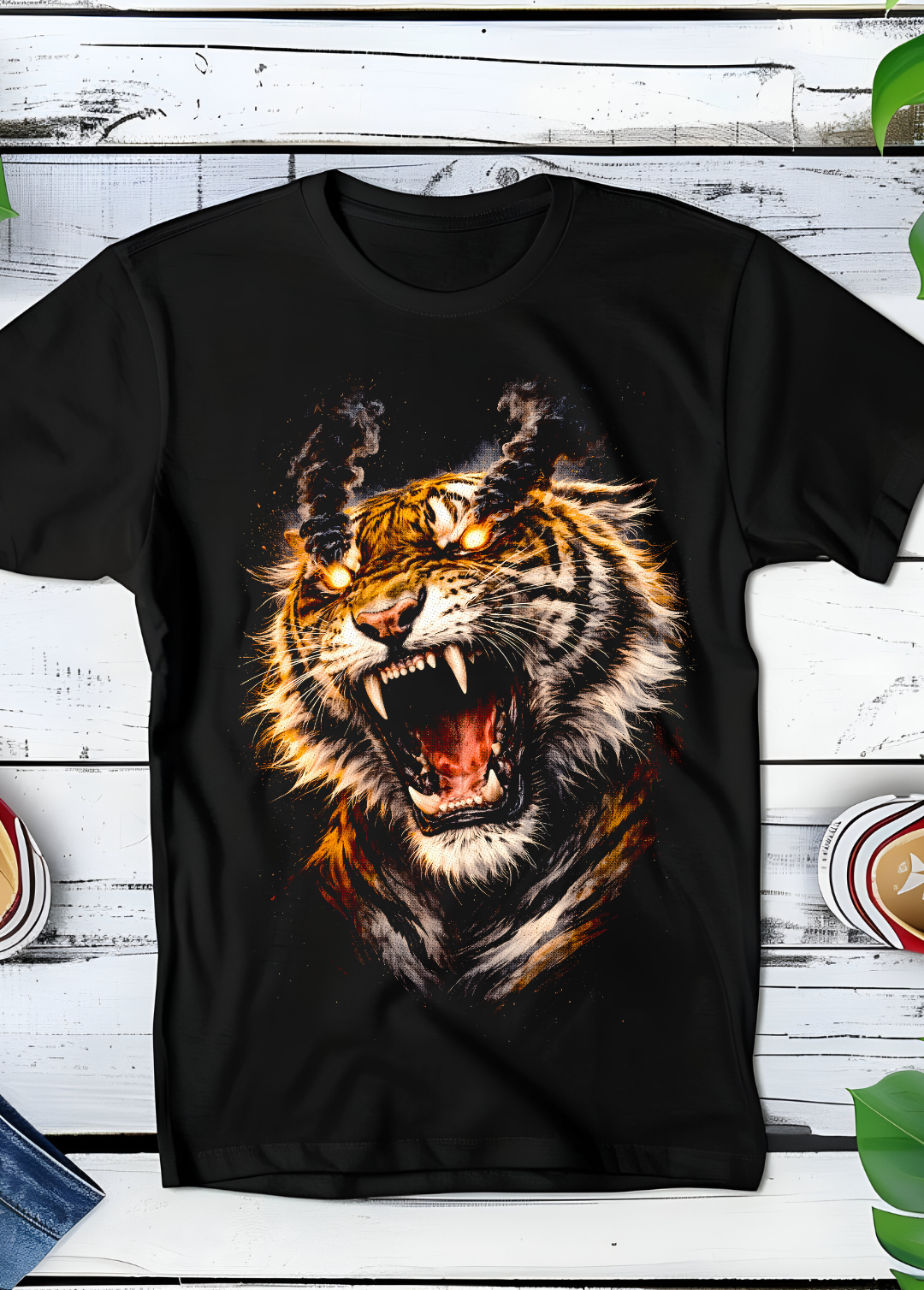 T-shirt noir à motif demi-teinte Tigre de Sibérie rugissant AS020