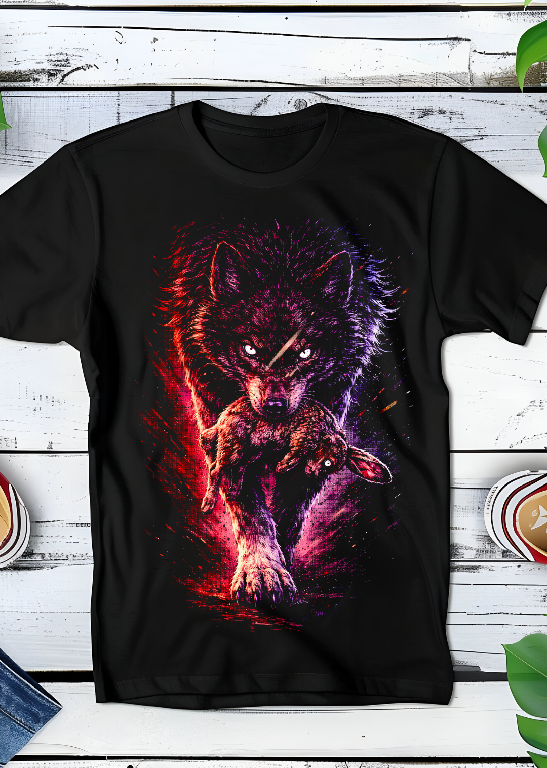 T-shirt noir à motif loup et lapin AS029