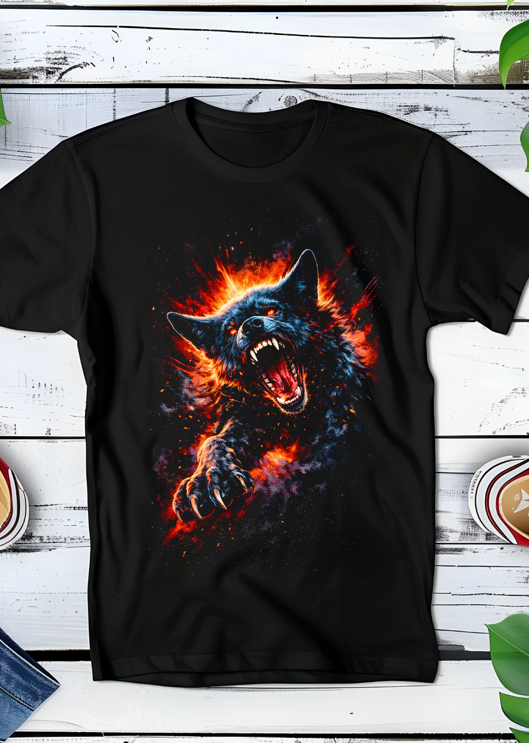 T-shirt noir à motif demi-teinte Chien noir agressif AS004