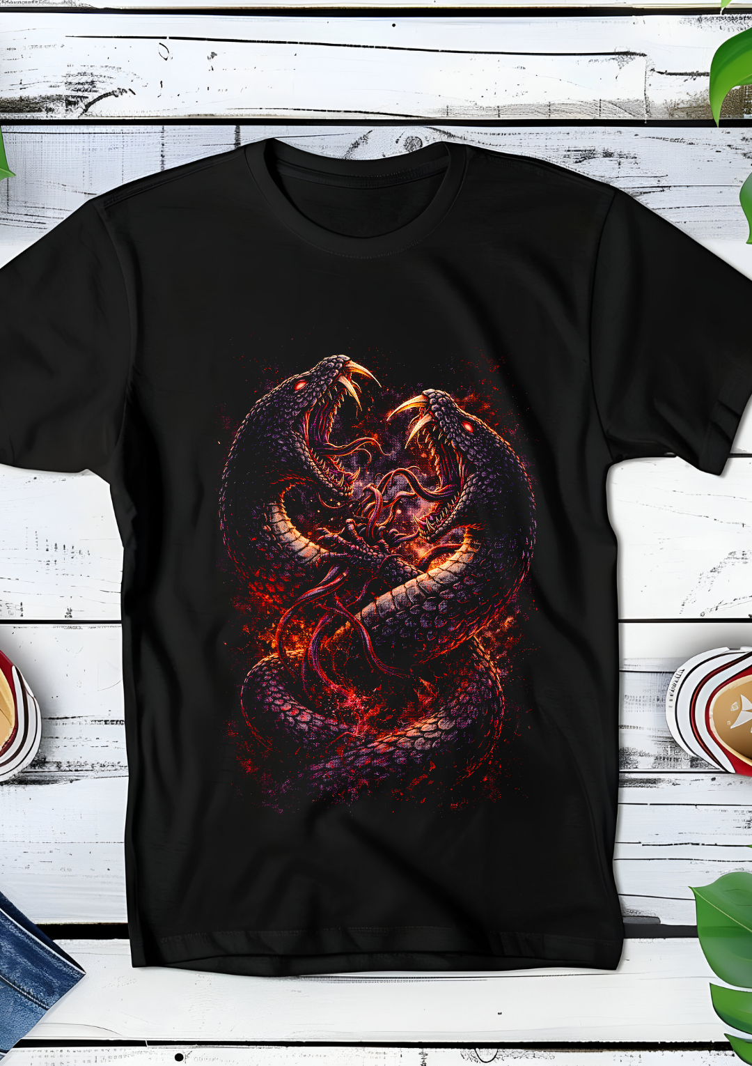 T-shirt noir à motif demi-teintes, combats de serpents AS006