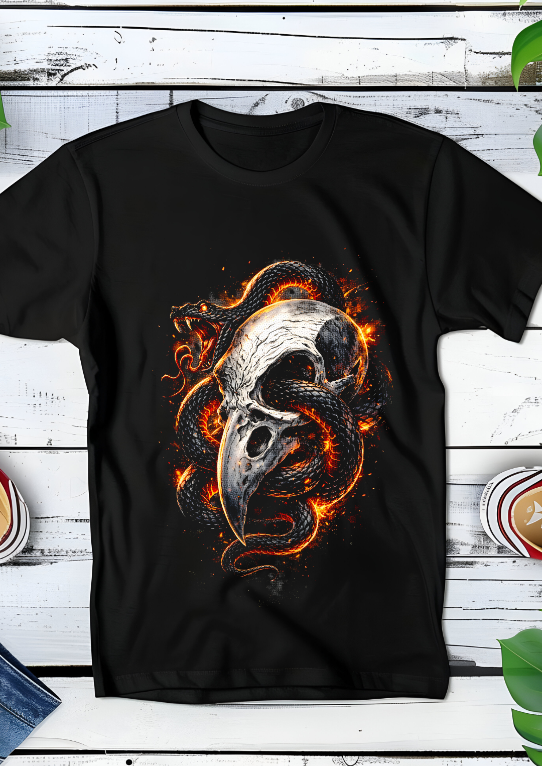 T-shirt noir à motif serpent et crâne de vautour AS007